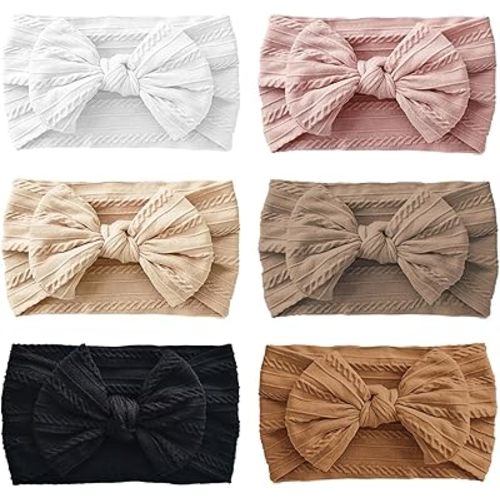 Baby Headbands, Girls Headbands with Bows with Bows, Soft Stretchy Nylon Hair Bands Hair Accessories for Newborn Infant Toddler (6 Pack,Bow,Pink)