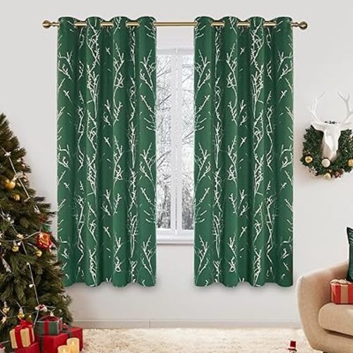 Deconovo Christmas Green Curtains, Blackout Drapes, Thermal Insulated Soundproof Curtain, Tree Foil Print, 52 x 72 Inch Long, 2 Panels, Machine‑Washable Window Panel for Living Room Bedroom Festival