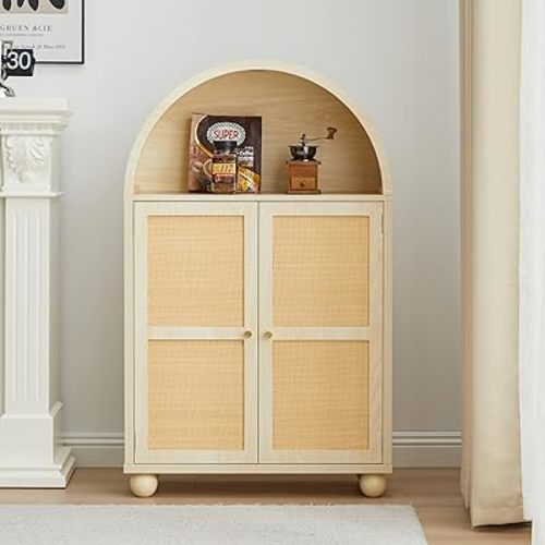 Arched Storage Cabinet with 2 Rattan Doors, Modern Farmhouse Wood Sideboard Cabinet with Adjustable Shelves, Accent Buffet Storage Cabinet for Living Room, Kitchen, and Dining Room (Natural)