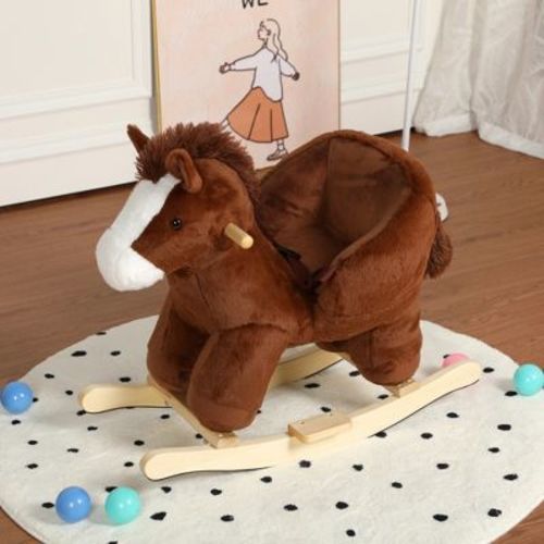 Whisen Toddler Rocking Horse for 1-3 Years Old, Soft Plush Fabric, Safety Belt & Footrests, Steel Frame Support - Brown