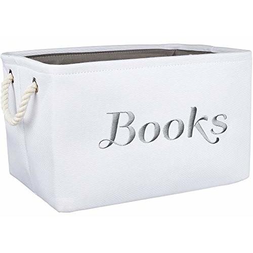APPLE PIE ORDER Nursery basket, Storage & organizer Bin for Baby, Diapers, Wipes, Books, Toys. White Canvas fabric Decorative Box with Embroidering. (Books - Gray, Medium)