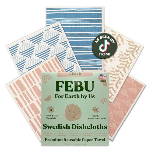 FEBU Swedish Dishcloths for Kitchen | 5 Pack Sunset Reusable Paper Towels Washable | Swedish Dish Towels | Non-Scratch Cellulose Sponge Cloths | No Odor, Biodegradable Cleaning Cloths