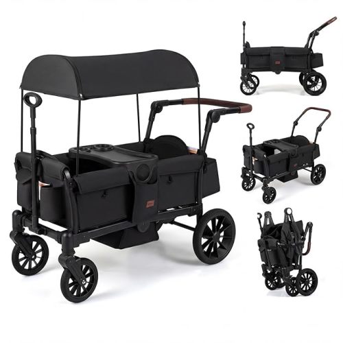 INFANS Wagon Stroller for 2 Kids, Foldable Wagon Cart with Adjustable Handle Pull Bar, Removable Canopy, Footwell, Snack Tray, Harnesses for Infants Toddlers 6-36 Months (Black)