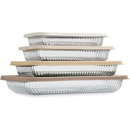 COOK WITH COLOR 8-Piece Deep Glass Baking Dish Set with Plastic Lids – Casserole and Food Storage Containers for Lasagna, Leftovers – Freezer-to-Oven, Microwave & Dishwasher Safe, Brown