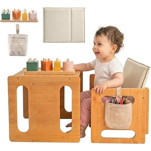 Montessori Weaning Table & Chair Set – Kids Desk & Activity Table with Flip Chair, Removable Cushion, Hanging Pouch & Toy, Convertible, Indoor/Outdoor Toddler Dining, Play & Learning