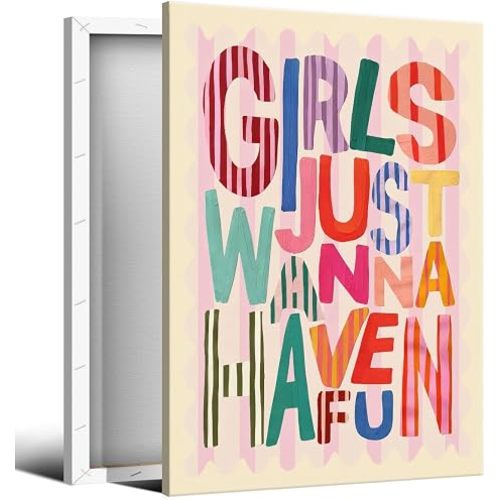 Girls Just Wanna Have Fun Canvas Wall Art, Hot Pink Positive Affirmations Poster, Minimalist Colorful Quote Print for Girls Bedroom Dorm, Preppy Girly Nursery Playroom Decor 8x12in Framed