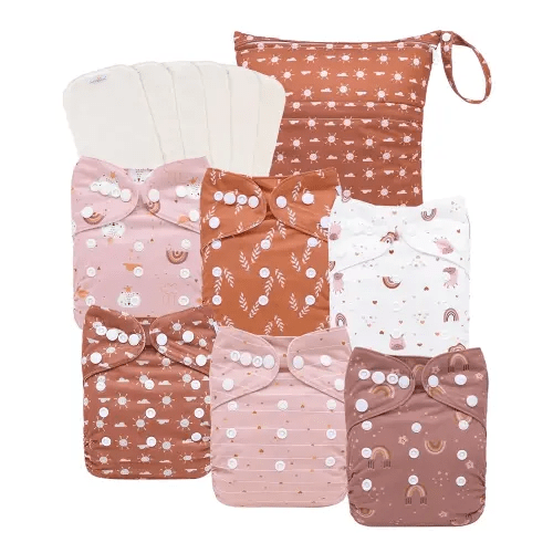 babygoal AWJ Cloth Diapers with Tummy Panel Pack of 13, 6 Diaper Cover with 6 Inserts and Wet Dry Bag, Adjustable Washable Reusable for Baby Girls and Boys