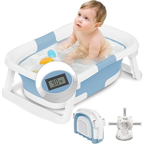 Collapsible Baby Bathtub,Baby Bath Tub with Soft Cushion & Thermometer,Baby Bathtub Newborn to Toddler 0-36 Months,Portable Travel Baby Tub (Pale Blue)