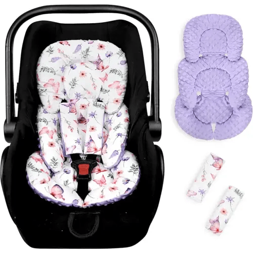 Pea Pod Infant Car Seat Insert with Strap Covers, All in One Reversible Baby Car Seat Head Support for Newborn, 3D Soft Minky Carseat Cushion for Preemie to Infant, Stroller, Swing, Bouncer, Butterfly