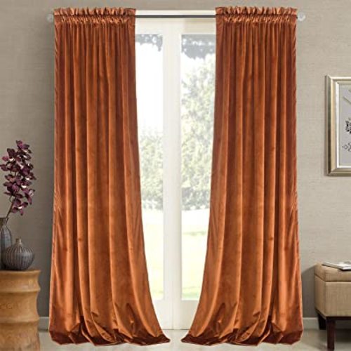 Roslynwood Home Velvet Bright Orange Curtain 84 inch - Heavy Duty Curtains Energy Efficient Block Light Rod Pocket Drapes Window Covering Set for Home Theatre/Living Room, 52Wx84L Orange/2 Panels