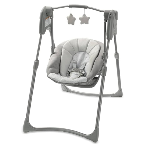 Graco Slim Spaces Compact Baby Swing, Space Saving Portable Bay Swing with Height Adjustable Legs & Soft Toys, Reign