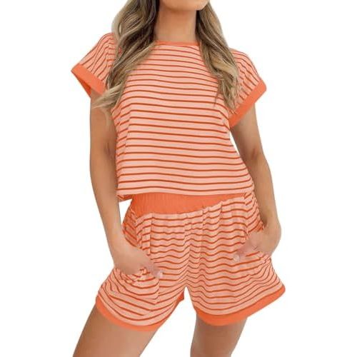 Tankaneo Womens Summer 2 Piece Sets Striped Short Sleeve T Shirts and Shorts Loungewear Matching Set