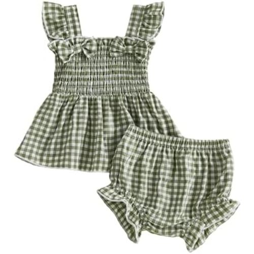 Baby Girl 2pcs Summer Outfits Plaid Bowknot Decor Ruffled Sleeveless Top Elastic Waist Shorts Set