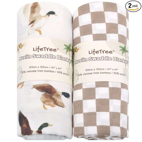 LifeTree Baby Swaddle Blankets, Boys Girls Muslin Swaddling Wrap Receiving Blanket for Newborn, 70% Viscose from Bamboo and 30% Cotton, Large 47" x 47", Duck and Coffee Checkered