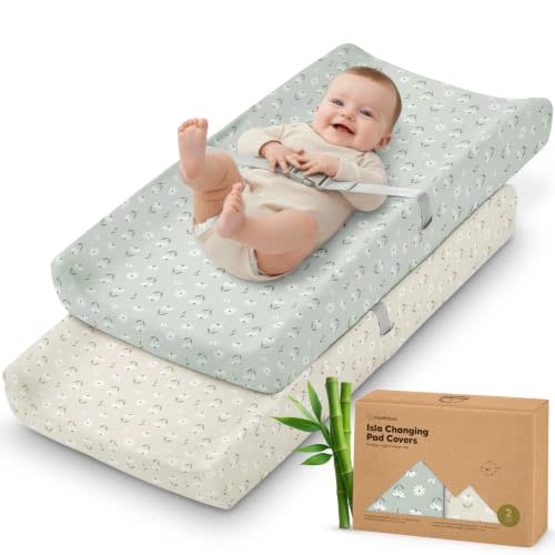 2-Pack Baby Changing Pad Cover for Girl, Boy, 34x18 (Daisies) | Soft Viscose Derived from Bamboo Baby Diaper Changing Table Pad Cover Sheets, Neutral, Snug Fit Nursery Diaper Change Sheets