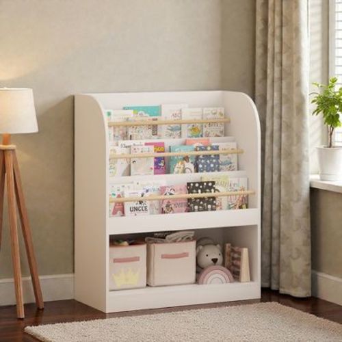 Mshliw Kids Front-Facing Bookshelf with Open Toy Storage, 3-Tier Toddler Book Display Shelf, Wooden Children’s Bookcase for Playroom Bedroom Nursery