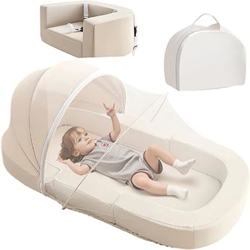 MOOITZ Portable Travel Toddler Floor Bed, 4-in-1 Convertible to Sofa Chair, Kid Feeding Seat and Lounger, Foldable Floor Bed for Outdoor and Indoor, Washable Cover, Removable Canopy (Beige)