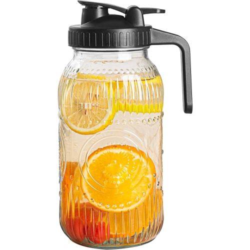 Amzcku Vintage Half Gallon Mason Jar Pitcher Large 64 oz Wide Mouth with Lid - 2 Quart Airtight Glass Jug for Water, Juice, Milk, Tea, Iced Coffee and Drinks