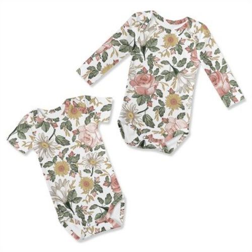 Sweet Jojo Designs Girl Baby Bodysuits - Set 0-6M Vintage Floral Pink Yellow and Green 2pc