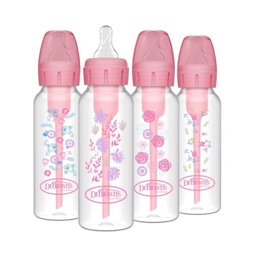 Dr. Brown's Anti-Colic Options+ Narrow Baby Bottle, Pink Floral, 8 oz/250 mL, with Level 1 Slow Flow Nipple, 0m+, 4-Pack