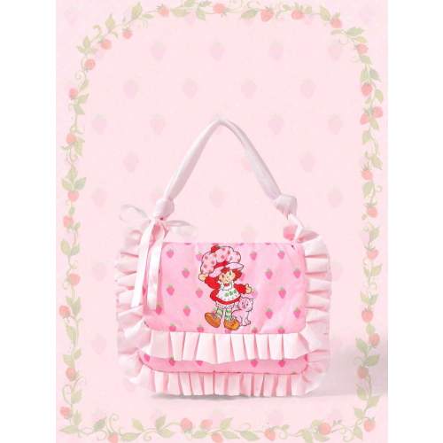 Strawberry Shortcake | ROMWE Women's Pink Ruffle Trim Cartoon & Strawberry Pattern Cute Tote Bag
