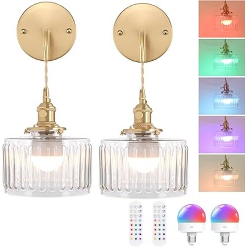 Battery Operated Wall Sconce with Clear Striped Shade Pattern Glass Adjustable Chain Retro Gold Wall Mounted Light, Modern Wall Decor for Bedside Bedroom Indoor Doorway, Set of 2