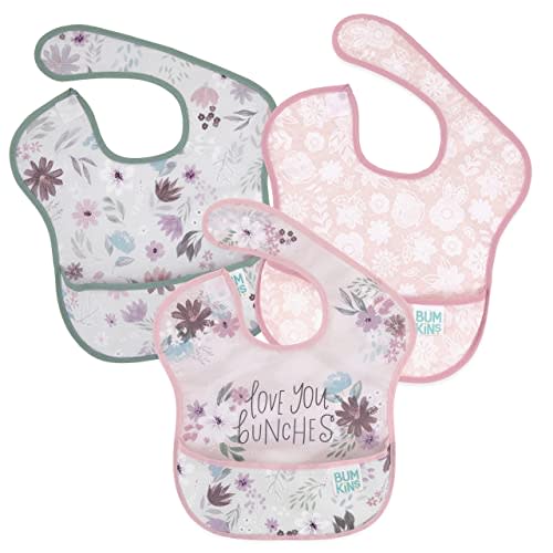 Bumkins Bibs for Girl or Boy, SuperBib Baby and Toddler for 6-24 Months, Essential Must Have for Eating, Feeding, Baby Led Weaning Supplies, Mess Saving Catch Food, Fabric 3-pk Floral and Lace