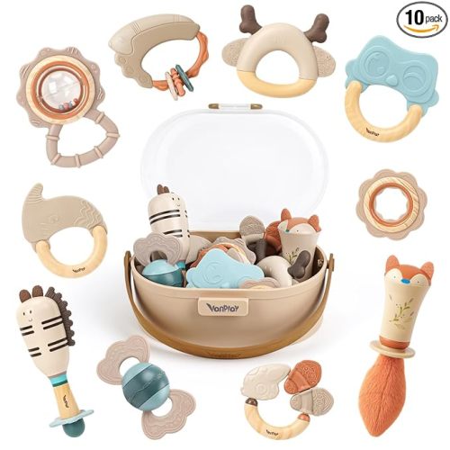 Baby Rattles & Teethers Set – Baby Toys 0-6 Months, Teething Toys 3-6 Months, Sensory Toys with Soft Textures, Gentle Sounds & Easy-Grip Shape, Neutral Newborn Gift（10-Pack）
