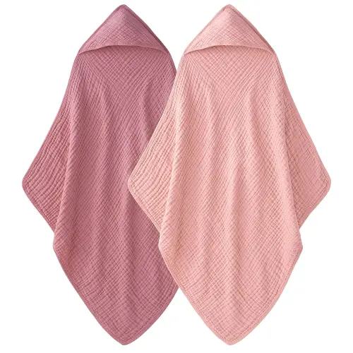 Hooded Baby Towels for Newborn - 2 Pack, 100% Muslin Cotton, Baby Bath Towels with Hood, Soft and Absorbent for Girls Infant, Toddler and Kids, Large 32x32 Inches, Newborn Essential