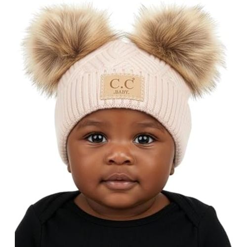 Funky Junque Double Pom Pom Baby Beanie – Newborn Girl Winter Hat 0–12 Months, Cute Cozy Knit Infant Beanies for Cold Weather