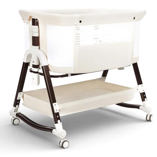 4 in 1 Bedside Bassinet for Baby, Portable Baby Bassinet with Wheels, Baby Crib with Mosquito Net, Storage and Mattress Included, Foldable Travel Bassinet for Baby/Newborn (White)