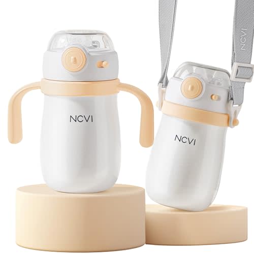 NCVI Kids Stainless Steel Straw Cup for Toddlers 1-3 Years Old, Training Tumbler with Straw Spill Proof with Handle, Insulated Bottle to Keep Cold Warm for Water/Milk/Drink, Yellow 10floz