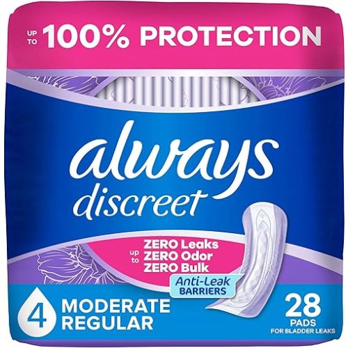 Always Discreet Adult Incontinence Pads for Women, Moderate Absorbency, Regular Length, Postpartum Pads, Up to 100% Bladder Leak Protection, 28 Count