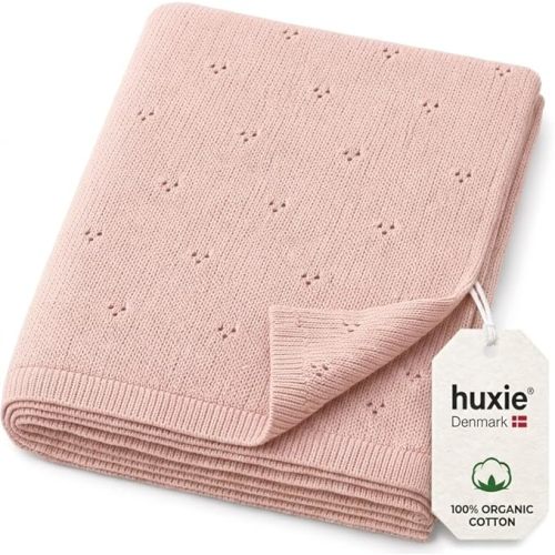 Huxie 100% Organic Cotton Knit Baby Blanket for Girls - Pointelle Swaddle Blanket - 30" x 40" Soft Receiving Blanket for Newborn - Lightweight Heirloom Nursery Knit Blanket for Babies (Blush)