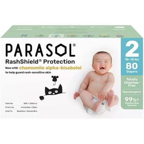 P'arasol Chlorine-Free Diapers with RashShield Protection ~ Size 2, 80 Count ~ Chamomile Topsheet ~ White.