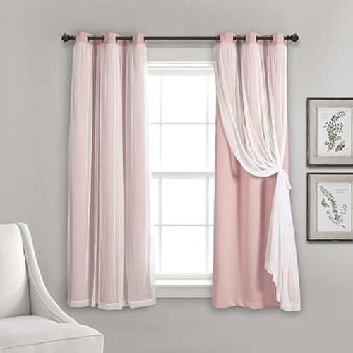 Lush Decor Sheer Grommet Curtains With Insulated Blackout Lining, Window Curtain Panels, Pair, 38"W x 45"L, Pink - Curtain With Sheer Overlay, Elegant Blackout Curtains for Bedroom