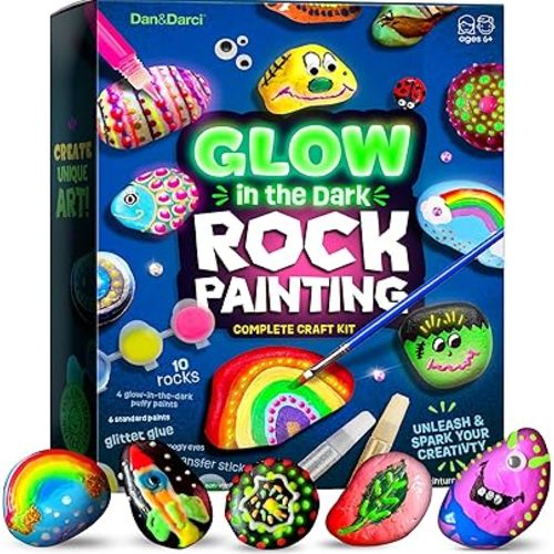 Dan&Darci Kids Rock Painting Kit - Glow in The Dark - Arts & Crafts Gifts for Boys and Girls Ages 6-12 - Craft Activities Kits - Creative Art Toys for 6, 7, 8, 9, 10, 11 & 12 Year Old Kid