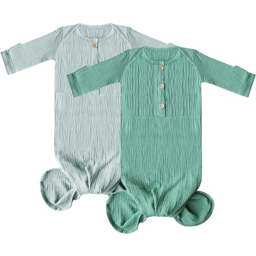 Muslin Organic Cotton Knotted Baby Gown - Soft and Stylish Sleepwear for baby outfits Newborns 0-3 months 2PACK - Vitality Style - 0-3 Months