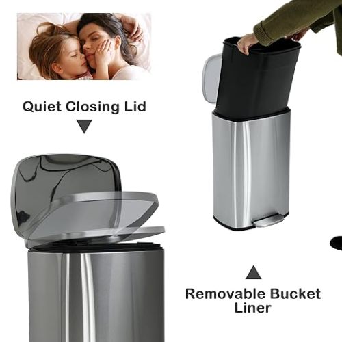 50 Liter / 13 Gallon Kitchen Trash Can, Stainless Steel with Lid, Foot Pedal and Inner Bucket, Fingerprint-Resistant Soft Close Lid Garbage Can, Odor Proof and Hygienic