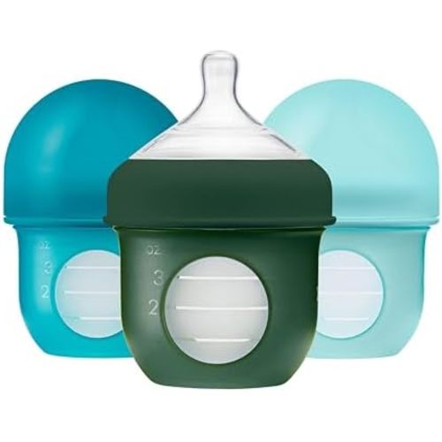 Boon Nursh Bottles - Silicone Baby Bottles Help Ease Colic Symptoms - Formula and Breast Milk Only Touch Food-Grade Silicone - Slow Flow - Blue - 4 Ounce