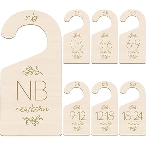 7 Pcs Wooden Baby Closet Dividers for Clothes Organizer, Adorable Double-Sided Baby Clothes Size Hanger Organizer from Newborn to 24 Months, Nursery Closet Dividers for Babies Room Nursery Decor