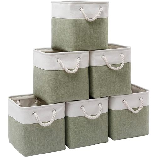 Cube Storage Bins, Collapsible Fabric Storage Cubes Bins, 11 Inch Cube Storage Bins with Handles, Foldable Storage Cubes (White/Green, 6Pack)