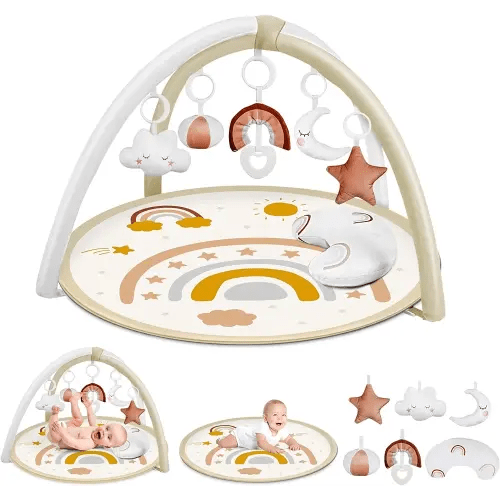 dearlomum Baby Play Gym Mat, Tummy Time Mat with 6 Detachable Toys for Stage-Based Sensory & Motor Skill All Development, Washable Non Slip Play Mats for Infant, Newborn Essentials Gift(Beige)