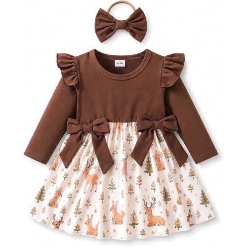 Baby Girl Clothes Long Sleeve Dress Outfit Bow Headband Floral Plaid 0 6 12 18 24 Months 2T 3T 4T