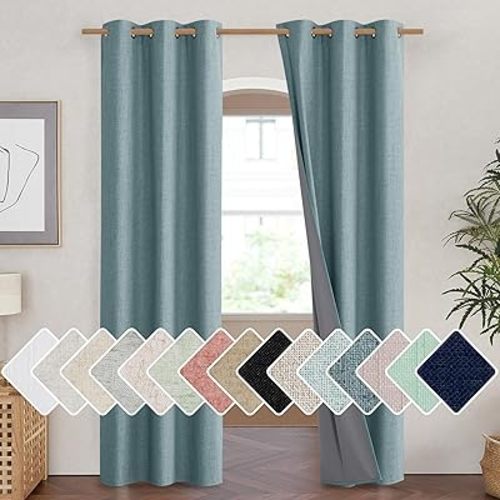NICETOWN 100% Absolutely Blackout Linen Curtains with Thermal Insulated White Liner, Skylark Blue, 42 inches Wide, 84 inches Length Energy Saving Curtains for Living Room 2 Panels Set, Vertical Blinds