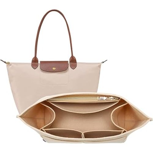 OPPOSHE Purse Organizer Insert for Longchamp Le Pliage, Premium Felt Long Champ Bag Handbag Women, Tote Organizer Insert with 9 Compartments (Medium, Beige)