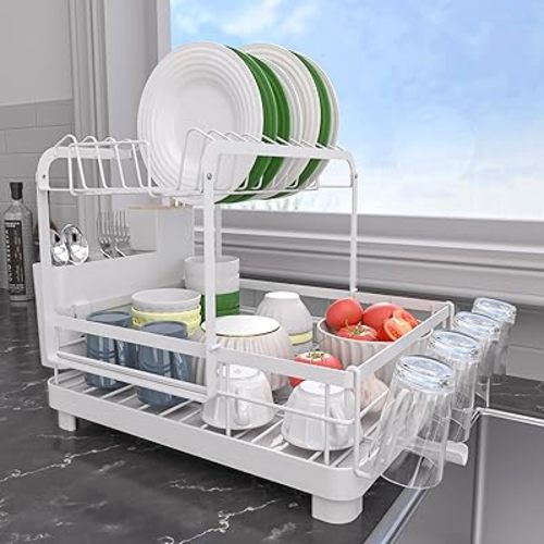 Runnatal Dish Rack with Drainboard, 2-Tier Dish Drying Rack for Kitchen Counter and Sink, Detachable 2-in-1 Utensil Holder, Cup Holder, Large Capacity Dish Drainer, White