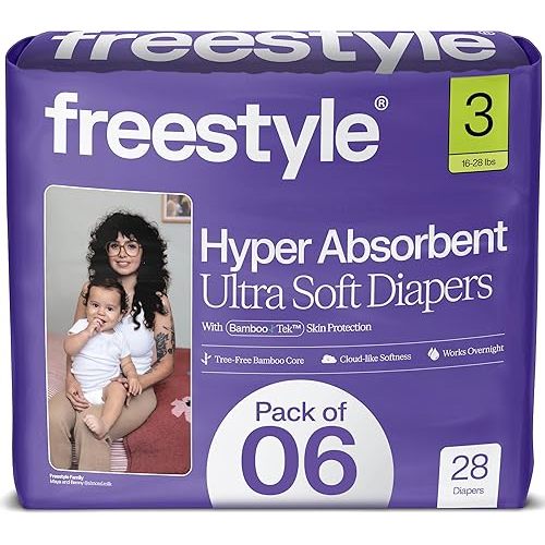 Freestyle BambooTek Diapers – (Size 3) Hyper Absorbent & Non-Toxic – Disposable Diapers for Sensitive Skin – Ultra Soft Diapers (16-28 lbs) – 168 Count