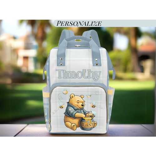 Winnie the Pooh Personalized Diaper Bag Plaid Custom Diaper Backpack Boy Blue Baby Shower Gift Waterproof Mommy Bag Backpack Gifting Idea