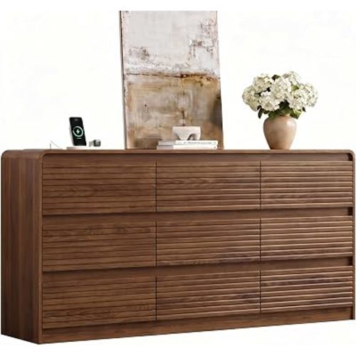 Gyfimoie Walnut Fluted 9-Drawer Dresser for Bedroom w/Power Outlet
